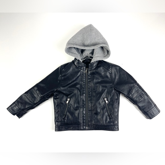 Kid’s H&M Black Faux Leather Hooded Jacket Size 1.5-2 Year - Picture 1 of 5